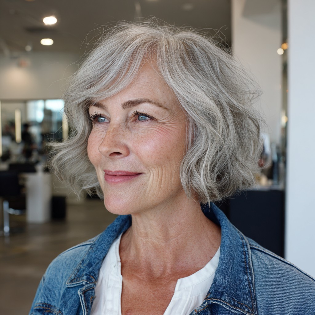 Older woman with a wavy feathered silver bob and soft curtain fringe