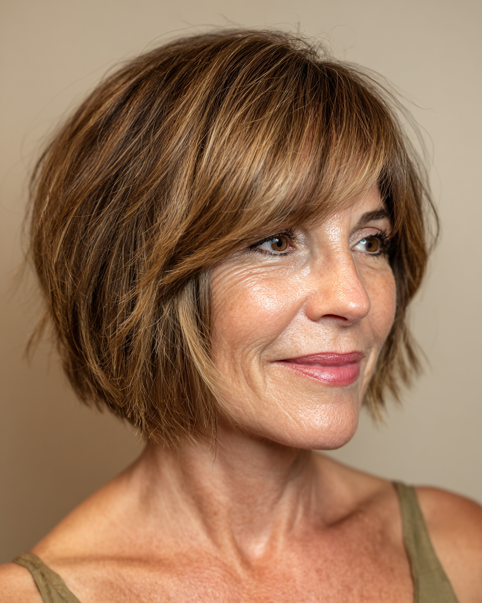 Older woman with a gray bixie haircut and side-swept bangs