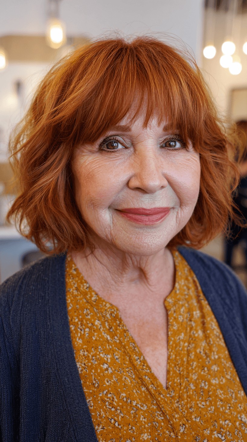 Textured lob with grown-out curtain bangs parted in the middle
