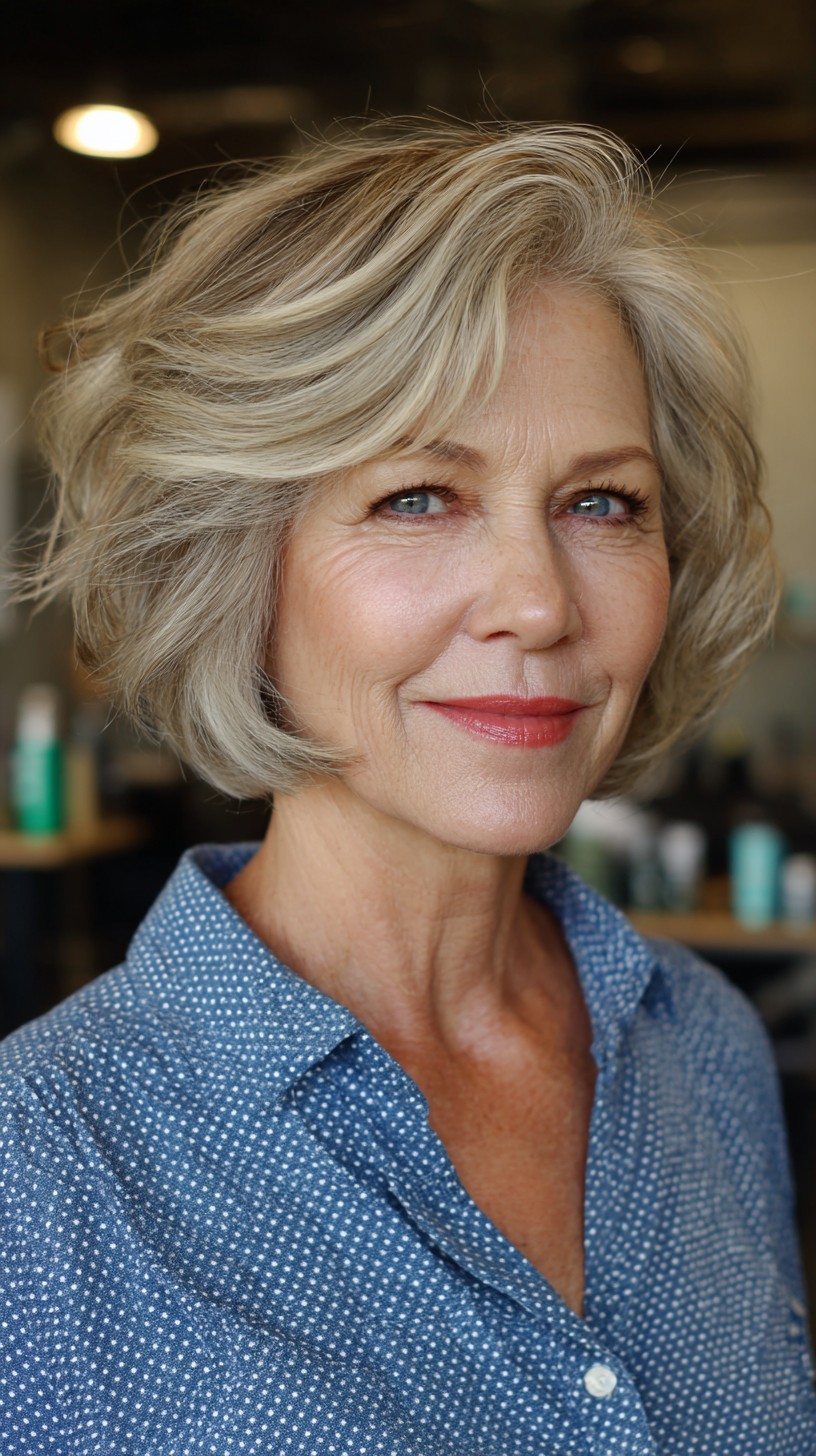 Windswept layered haircut in ash blonde tones