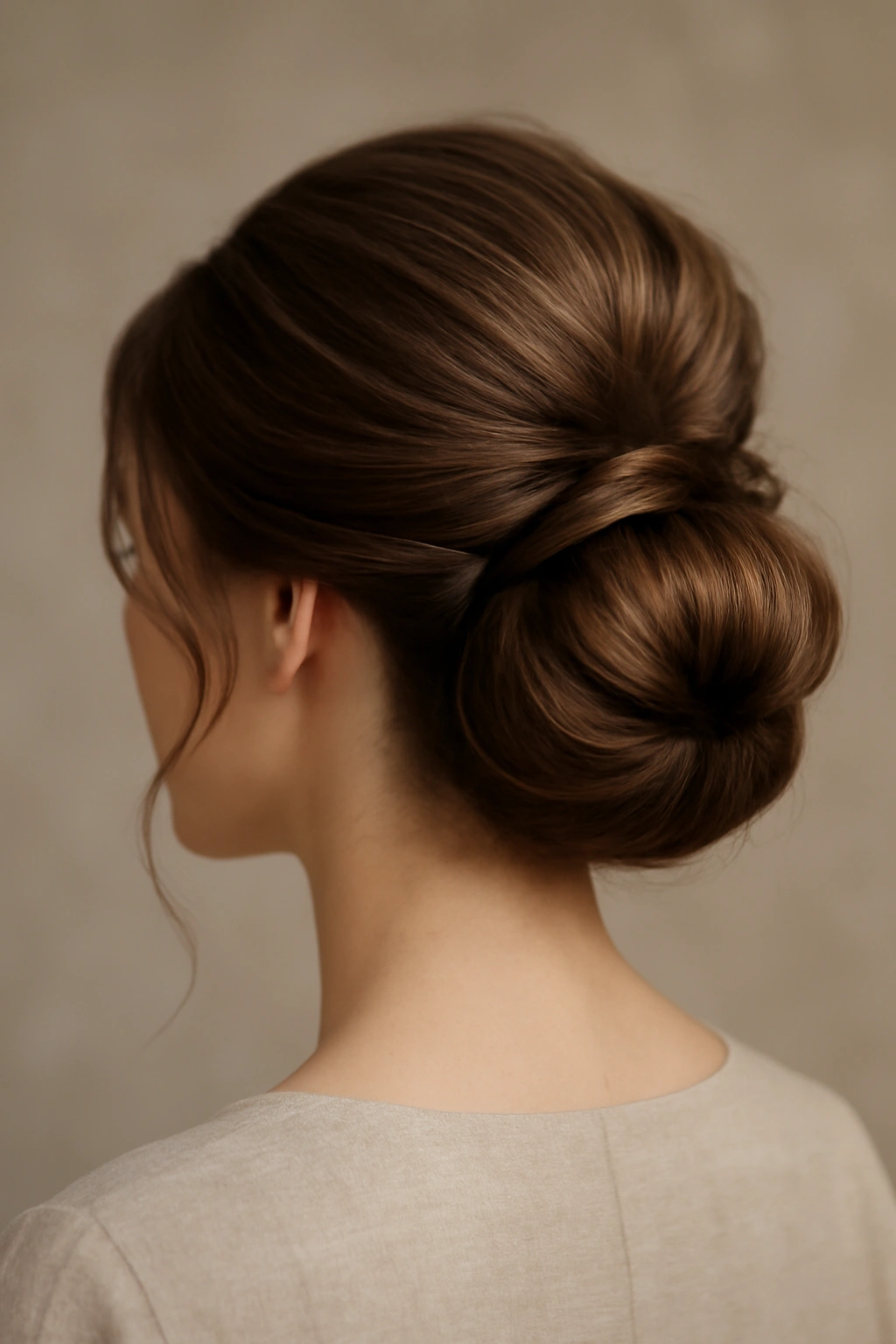 Brunette low chignon with soft face-framing wisps, back view