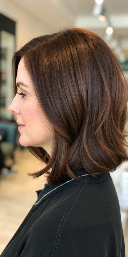 Rounded lob in glossy chocolate mocha brown