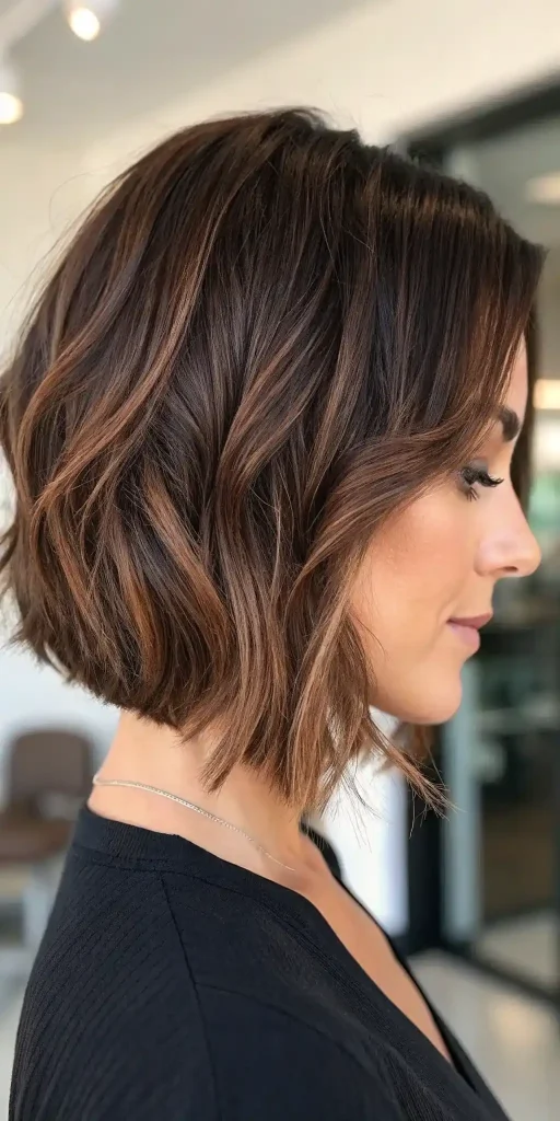 Chocolate brown wavy bob with caramel highlights