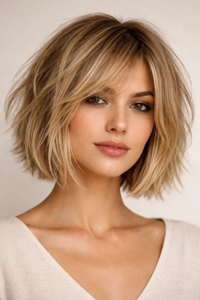 Choppy bob haircut with face-framing layers and textured ends
