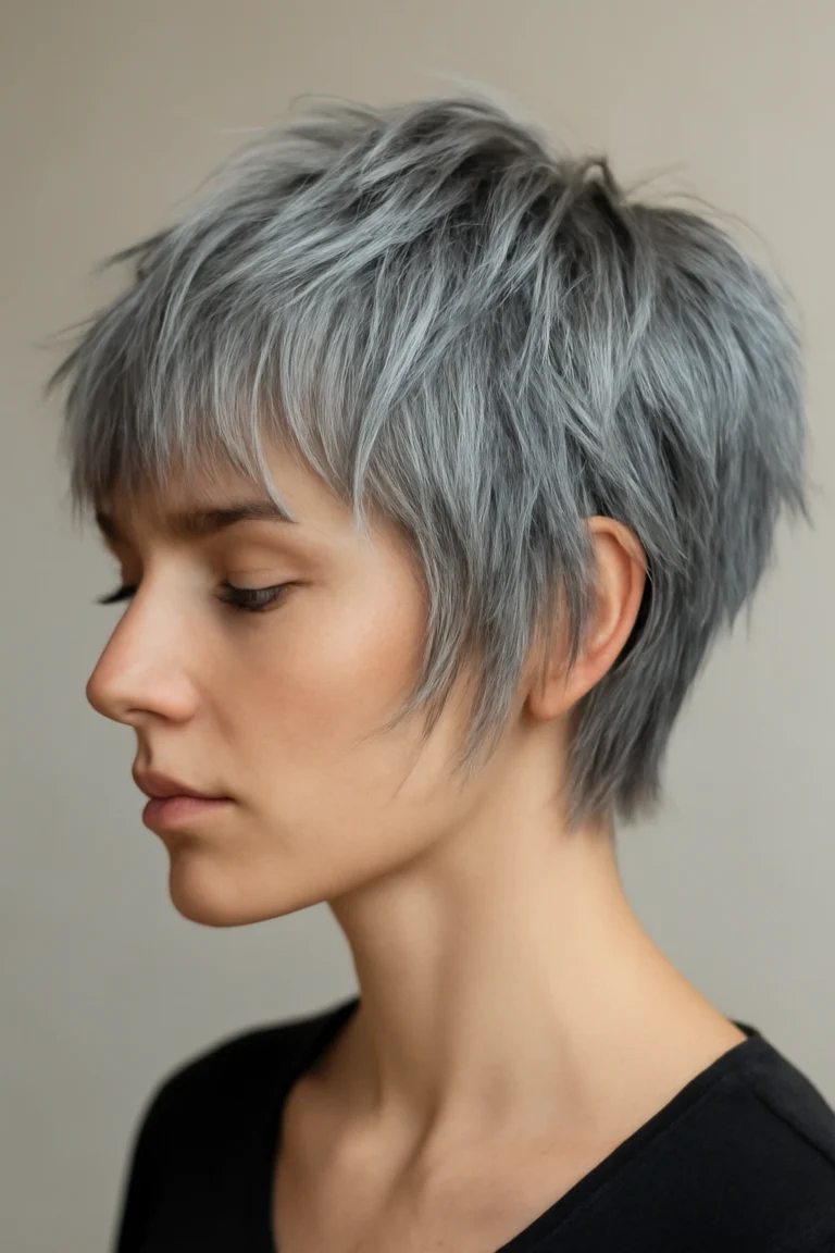 Silver grey choppy shag haircut