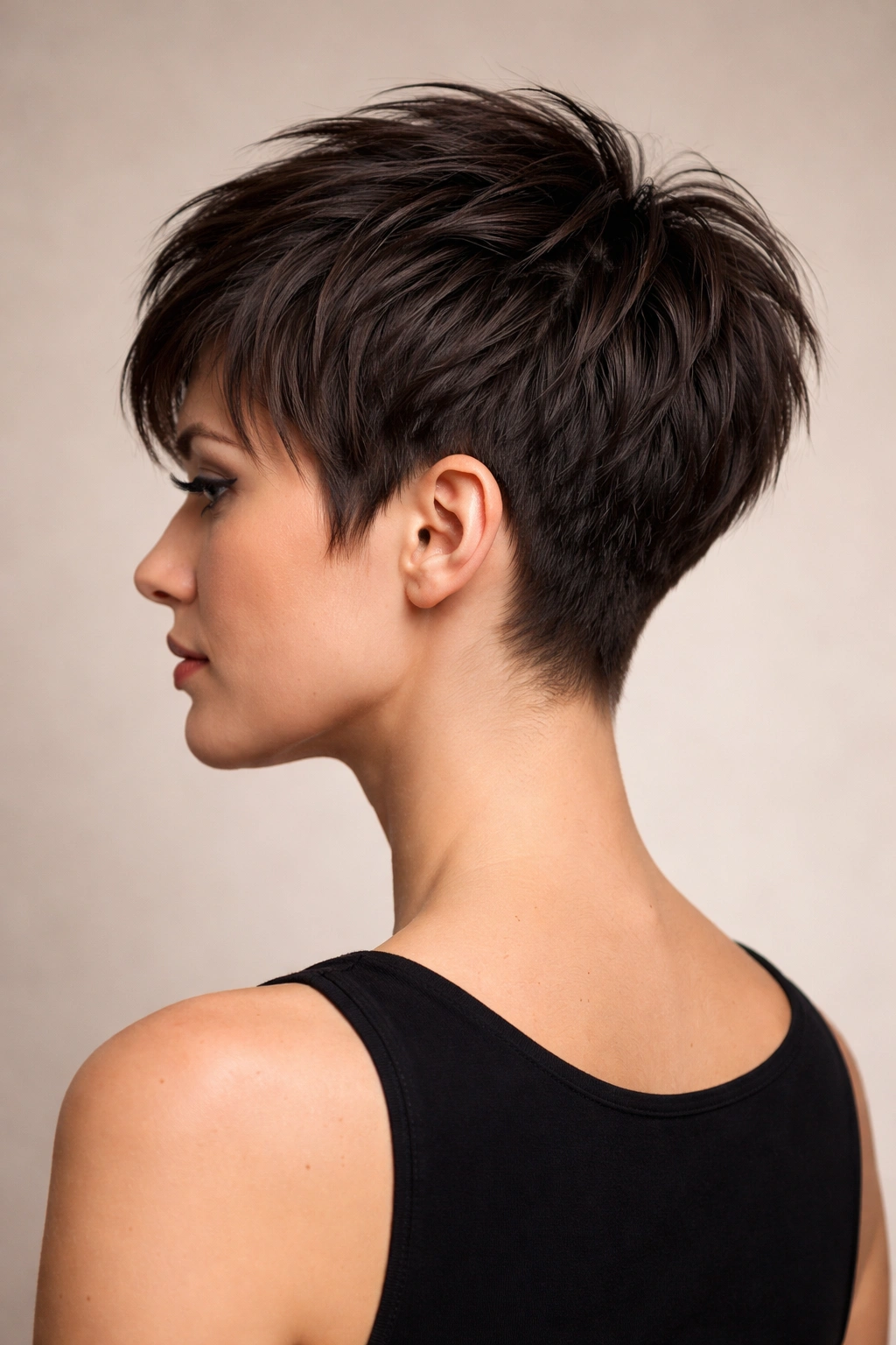 Cropped shag haircut with tapered nape and choppy layers