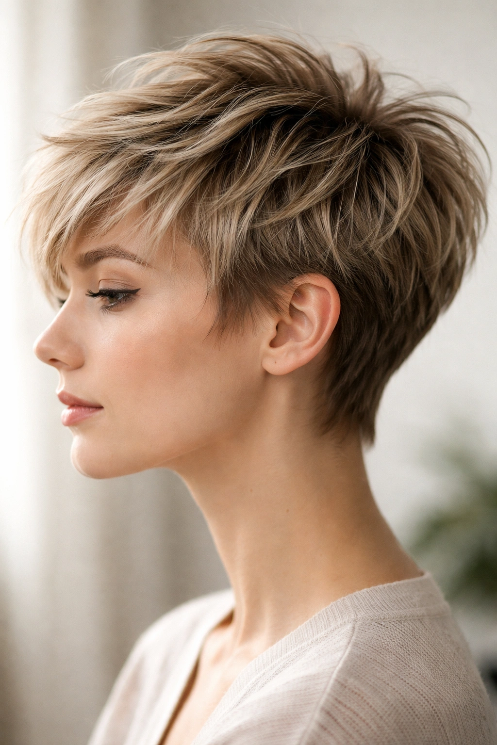 Choppy textured pixie haircut with piecey layers and volume