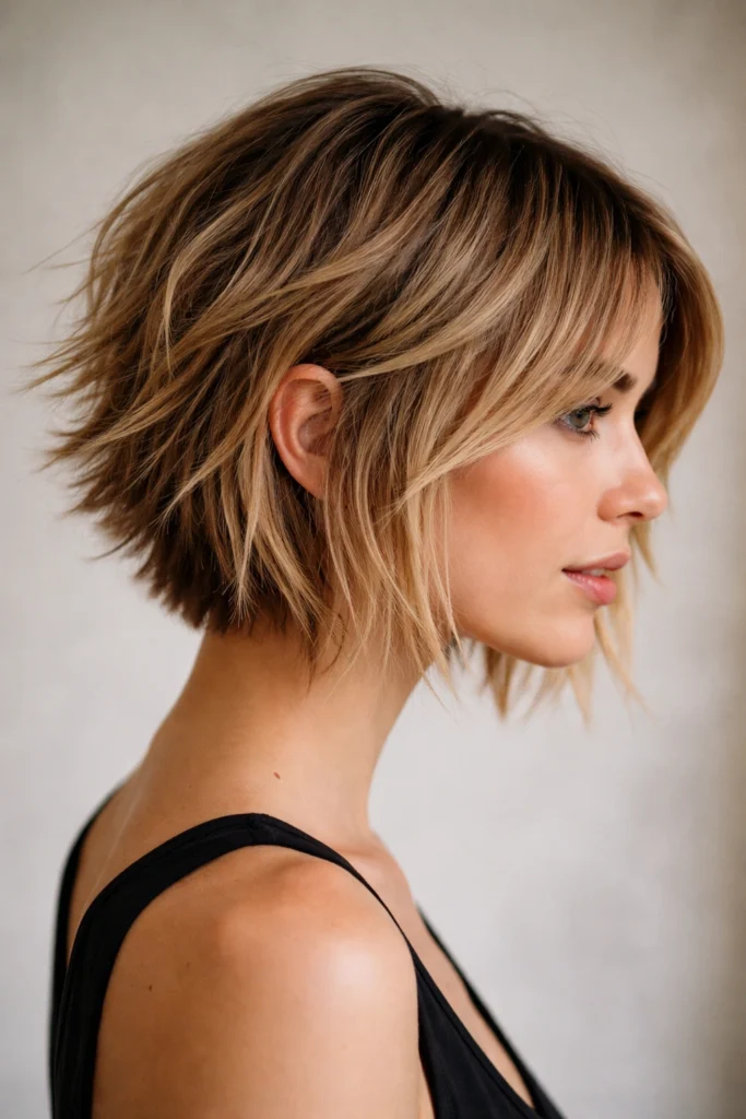 Warm brunette textured bob with choppy ends