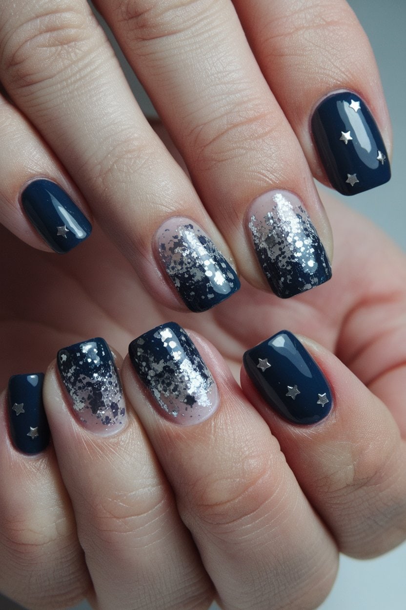 Short square navy nails with silver stars and a silver glitter ombre accent