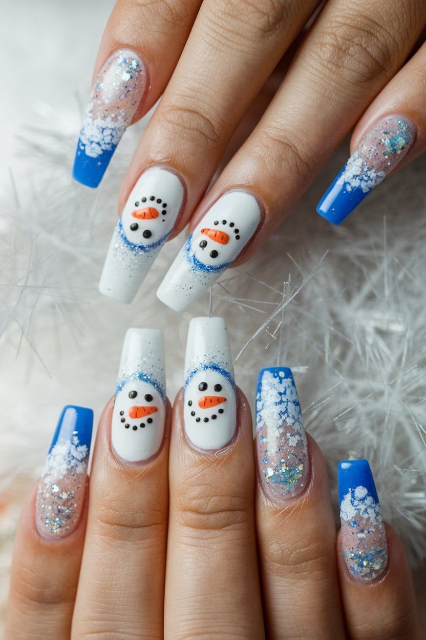 Snowman nail art with blue and white drip design