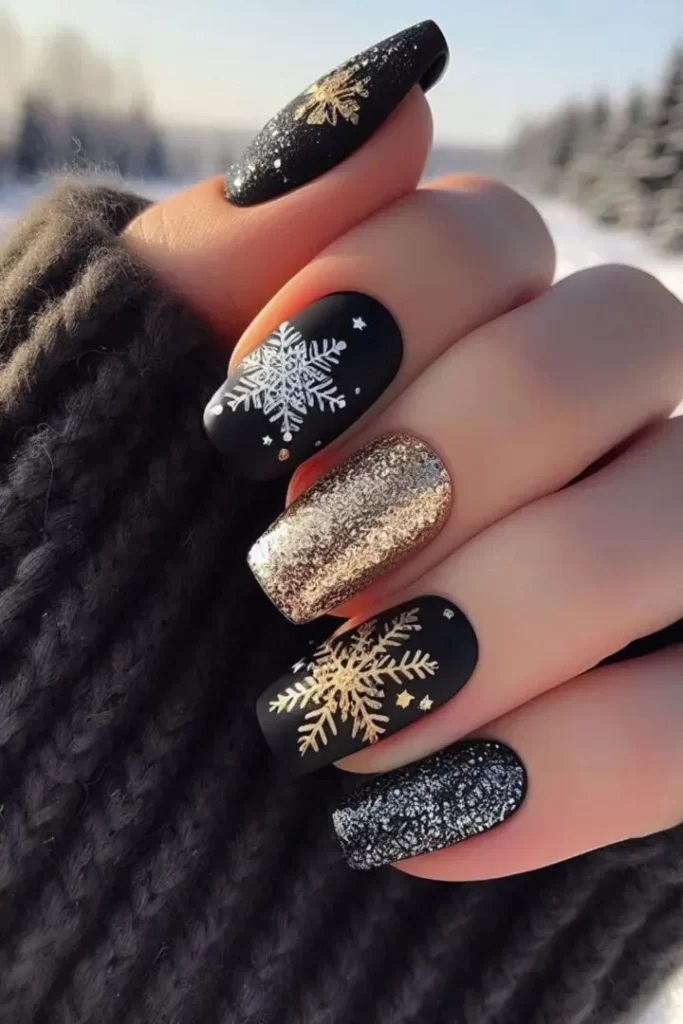 Short square black nails with gold and silver snowflake nail art and glitter accents