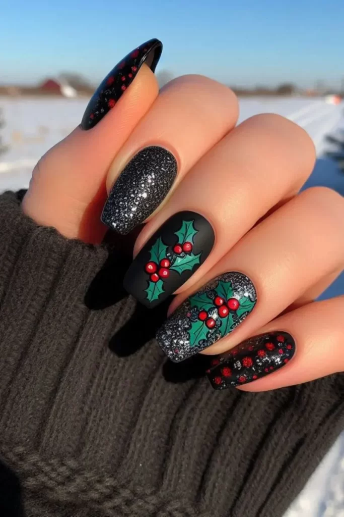 Short black Christmas nails with holly leaves and red berries