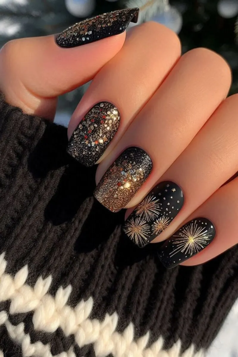 Black with Gold Firework Glitter: black squoval nails with gold firework bursts and mixed glitter
