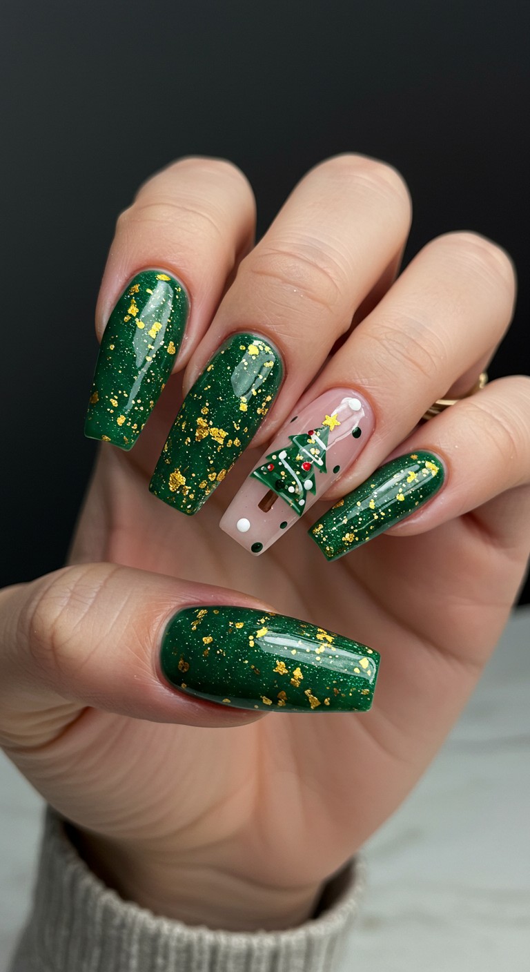 Long coffin emerald-glitter nails with gold flakes and a nude accent nail with Christmas tree art