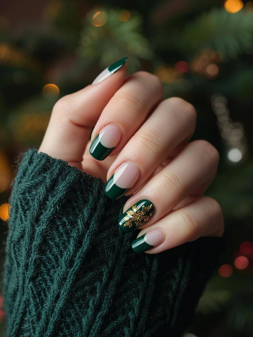 Green french tip Christmas nails with sweater sleeve