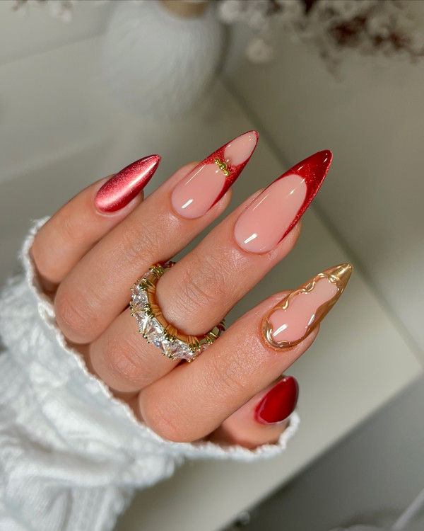 French tip gel nails with red and gold holiday tips
