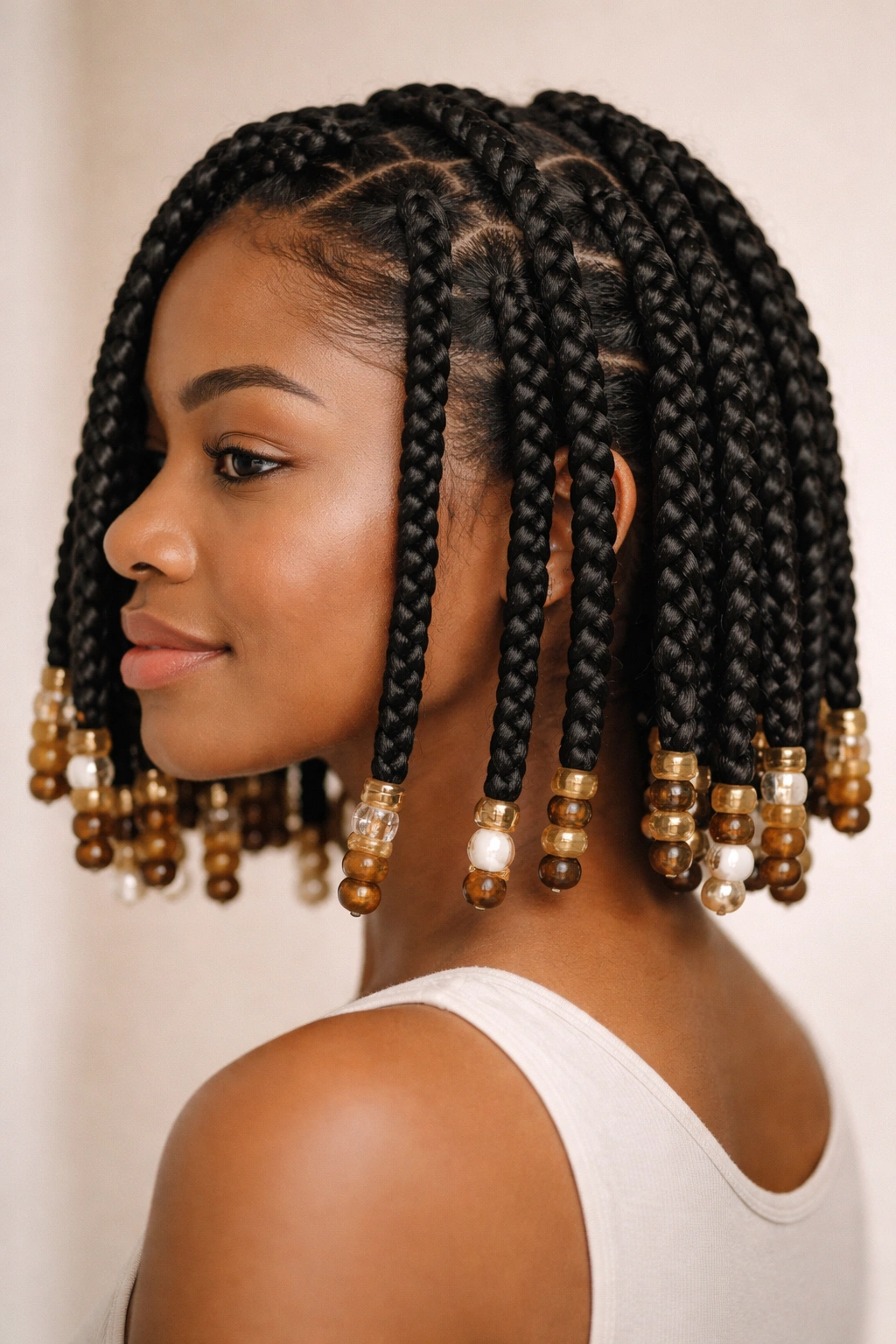 Woman with a chin-length box braid bob decorated with beads