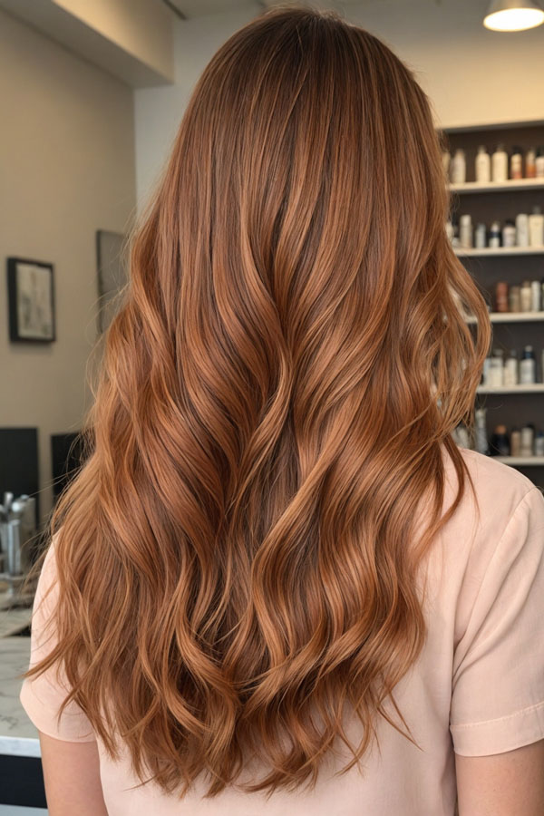 Warm curly hair with cinnamon spice balayage color