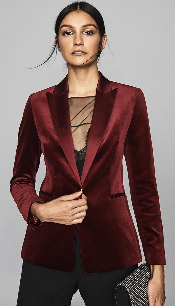 Claret velvet blazer dress styled for a winter wedding