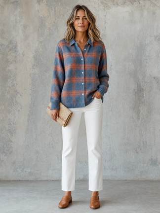 Woman wearing a rust and blue plaid cardigan with white jeans, tan loafers and a woven clutch