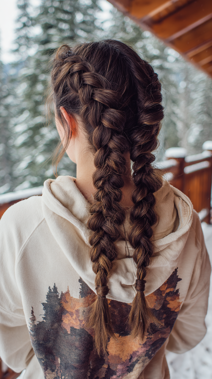 Two chunky Dutch braids worn with a hoodie on a snowy winter day