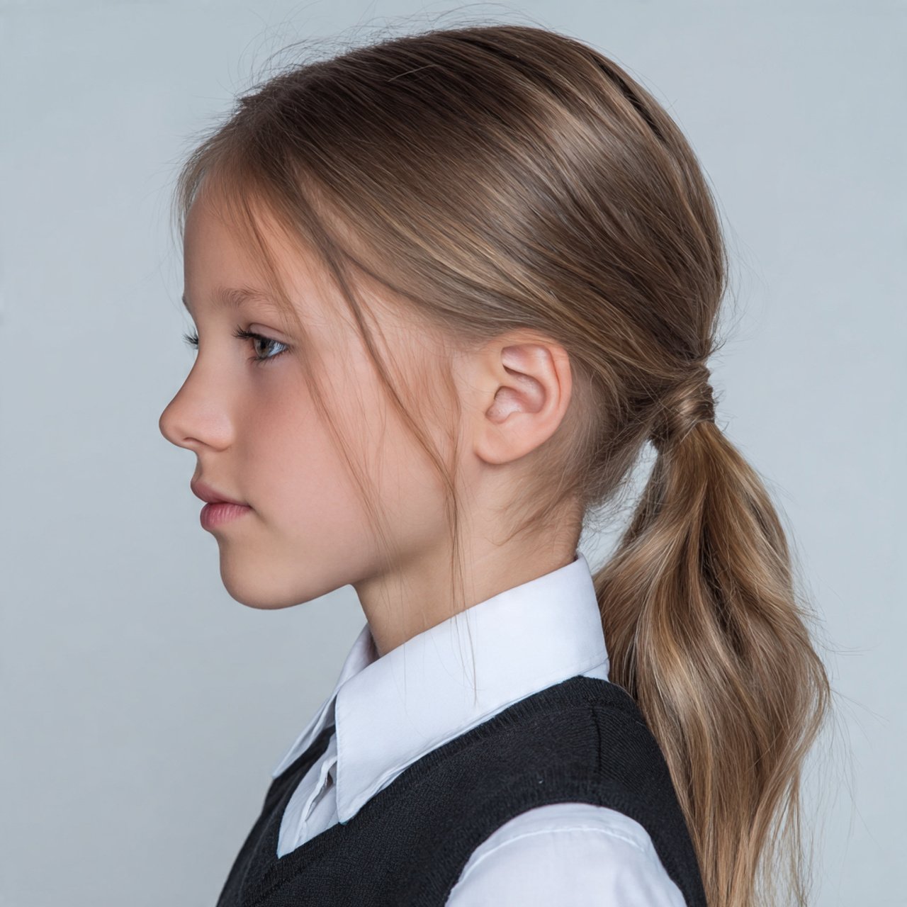 Schoolgirl in uniform with a sleek low ponytail finished with a hair wrap
