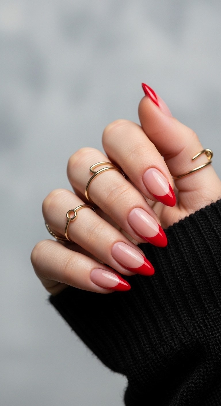 Red French tip nails on a nude base
