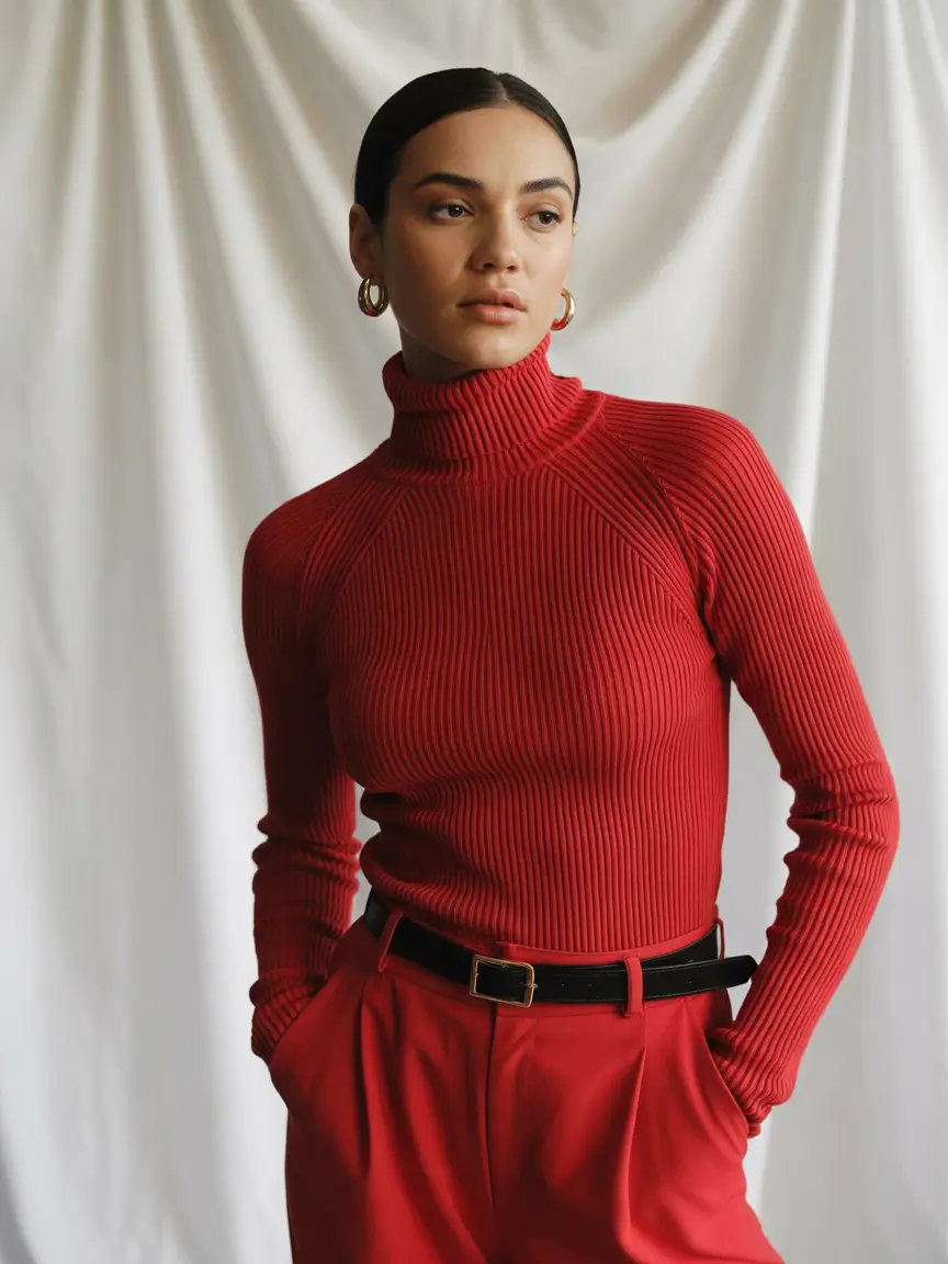 Woman in a red ribbed turtleneck with matching red trousers and a black belt