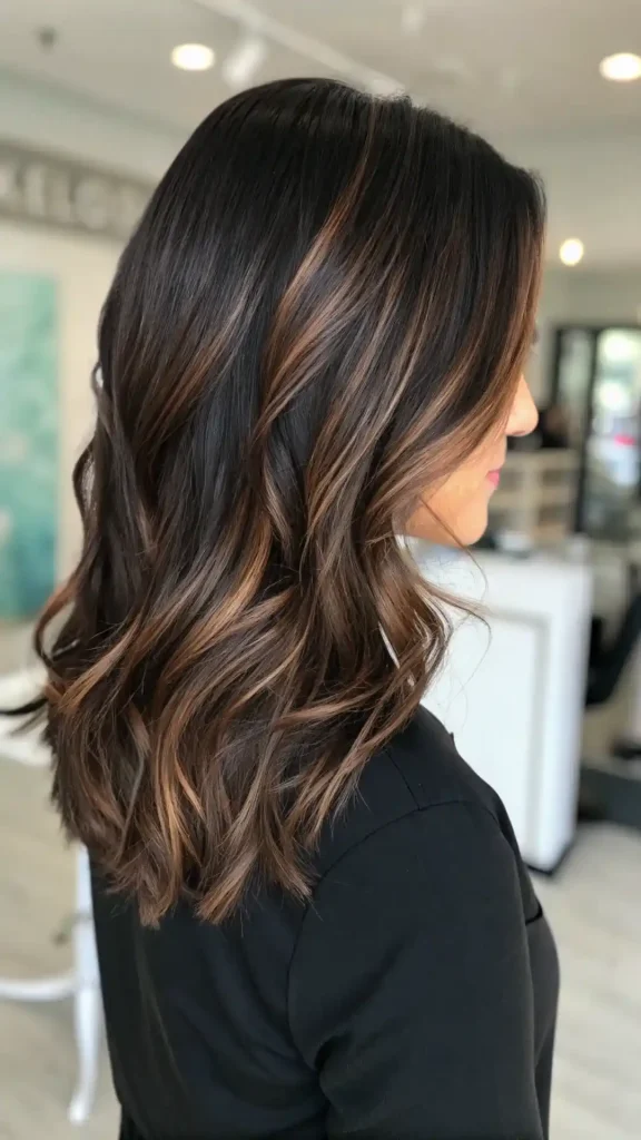 Espresso brown hair with coffee and champagne balayage highlights