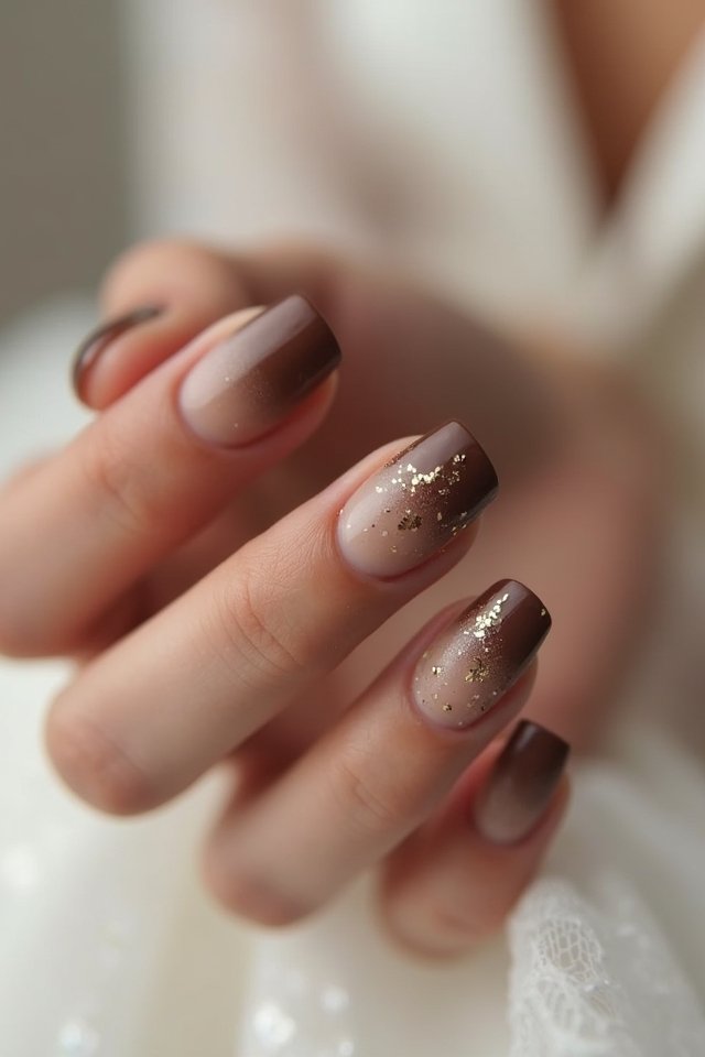 Coffin nails with nude-to-mocha ombre and scattered gold flakes