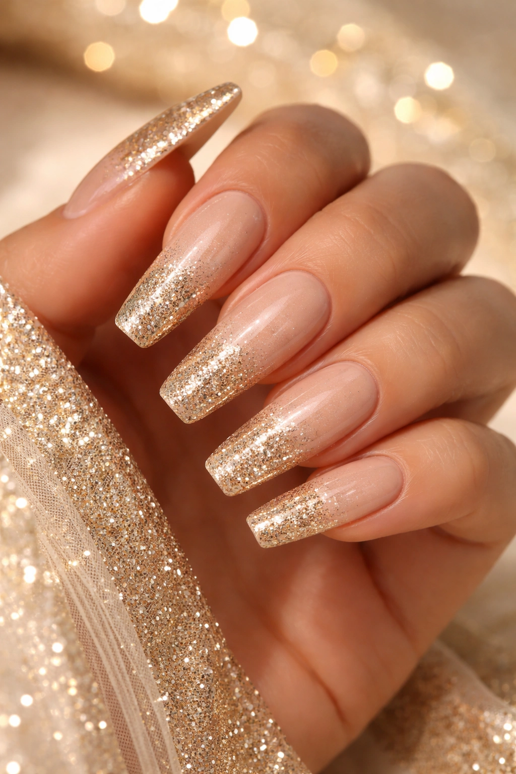 Long coffin nails with a nude base fading into champagne-gold glitter tips