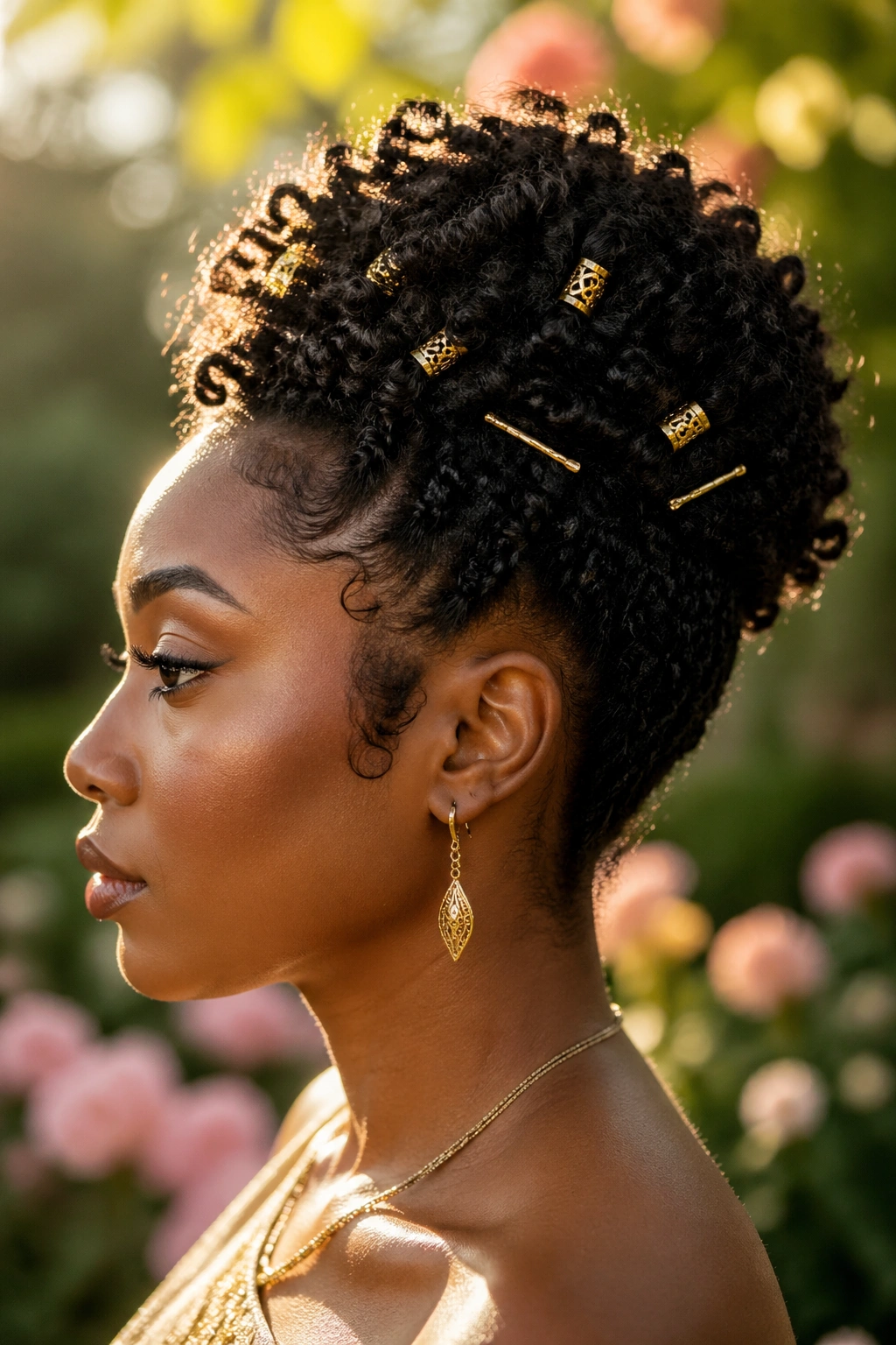Coily updo decorated with gold hair cuffs and gold pins