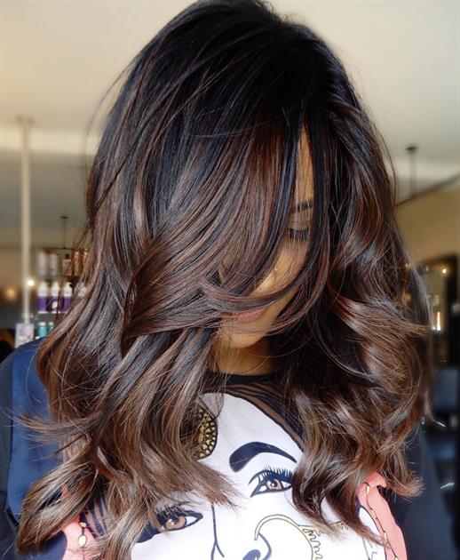 Cold brew brunette hair with high-gloss finish