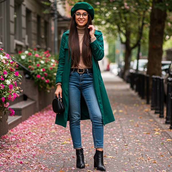 Woman wearing an emerald green beret with an autumn outfit