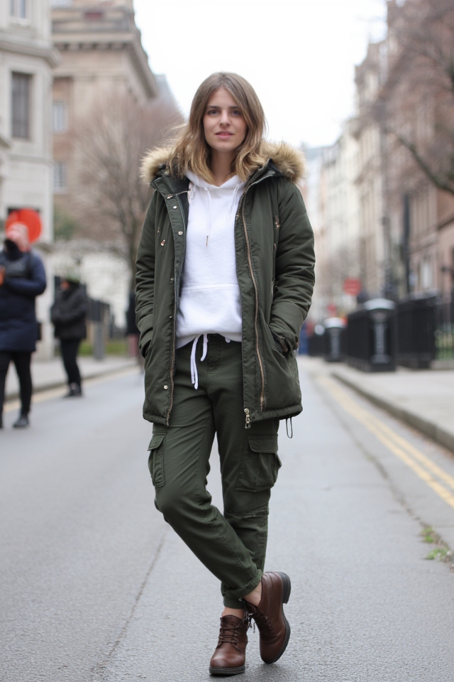 Woman in an olive parka with a white hoodie, olive cargo pants and brown boots