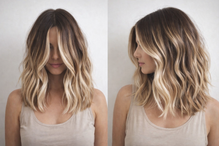 A two-view photo of a wavy bronde bob with balayage