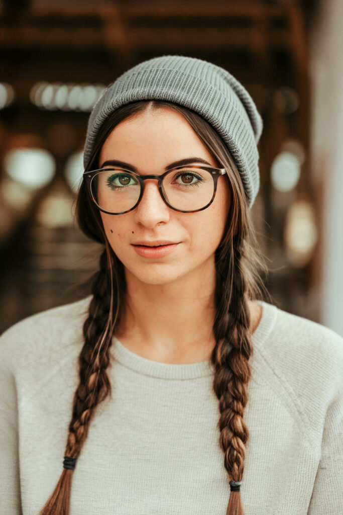 Woman in a gray beanie with two low braids
