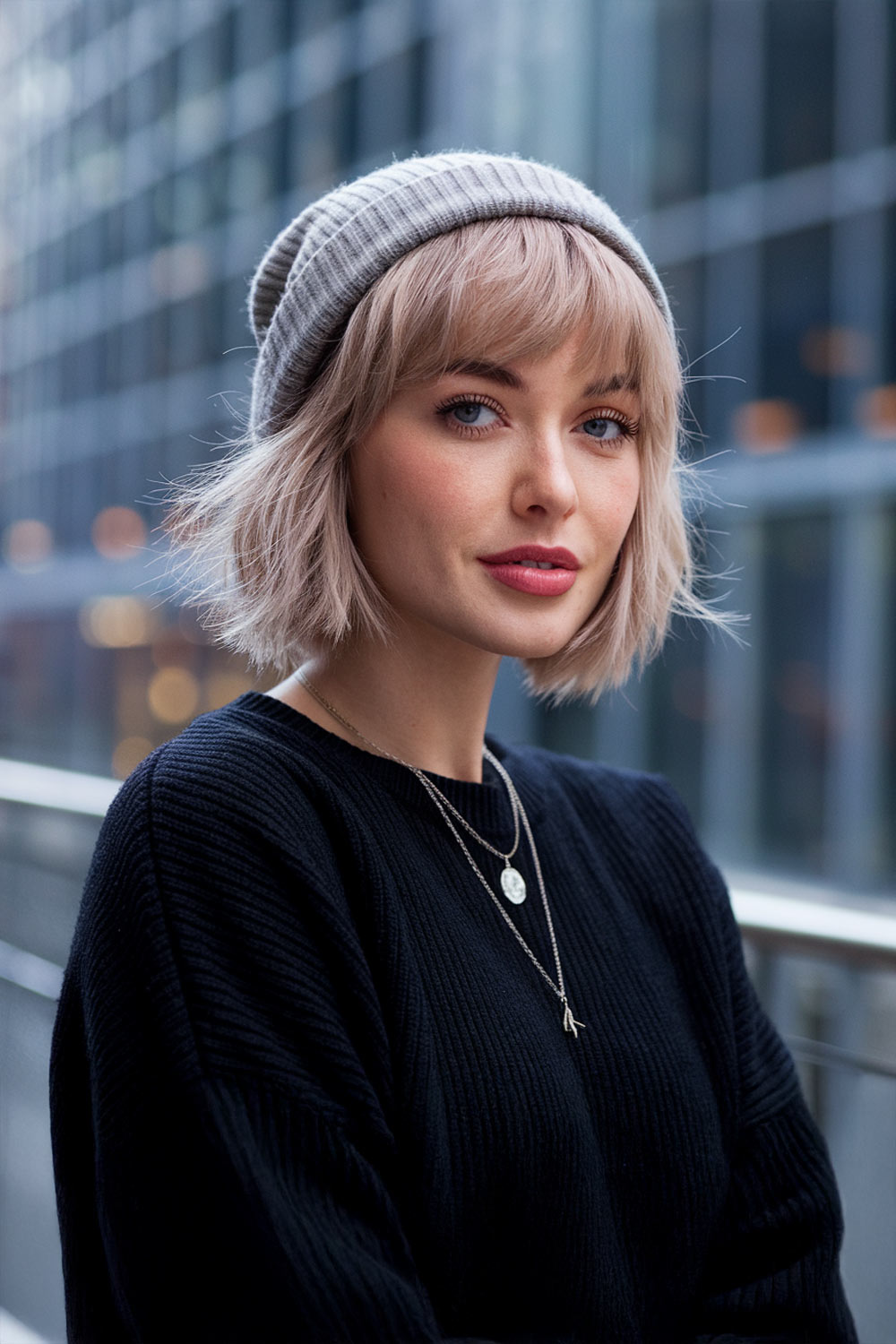 Blonde woman in a gray beanie with a textured bob and bangs
