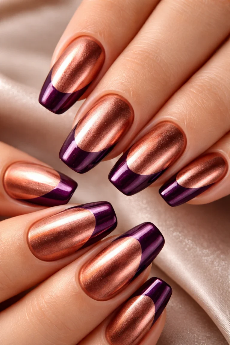 Short almond plum nails with metallic copper tips