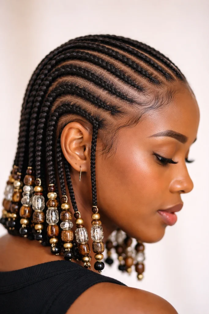 Tribal braids with wooden and gold beads
