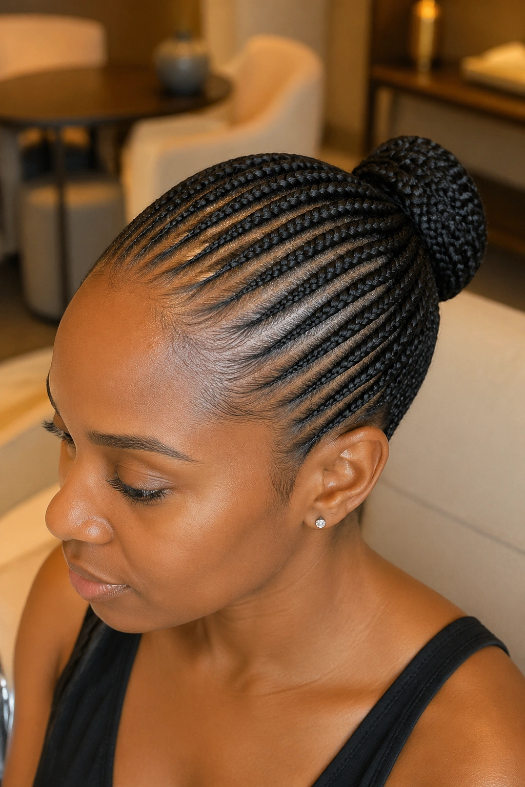 Neat cornrows pulled back into a high braided bun