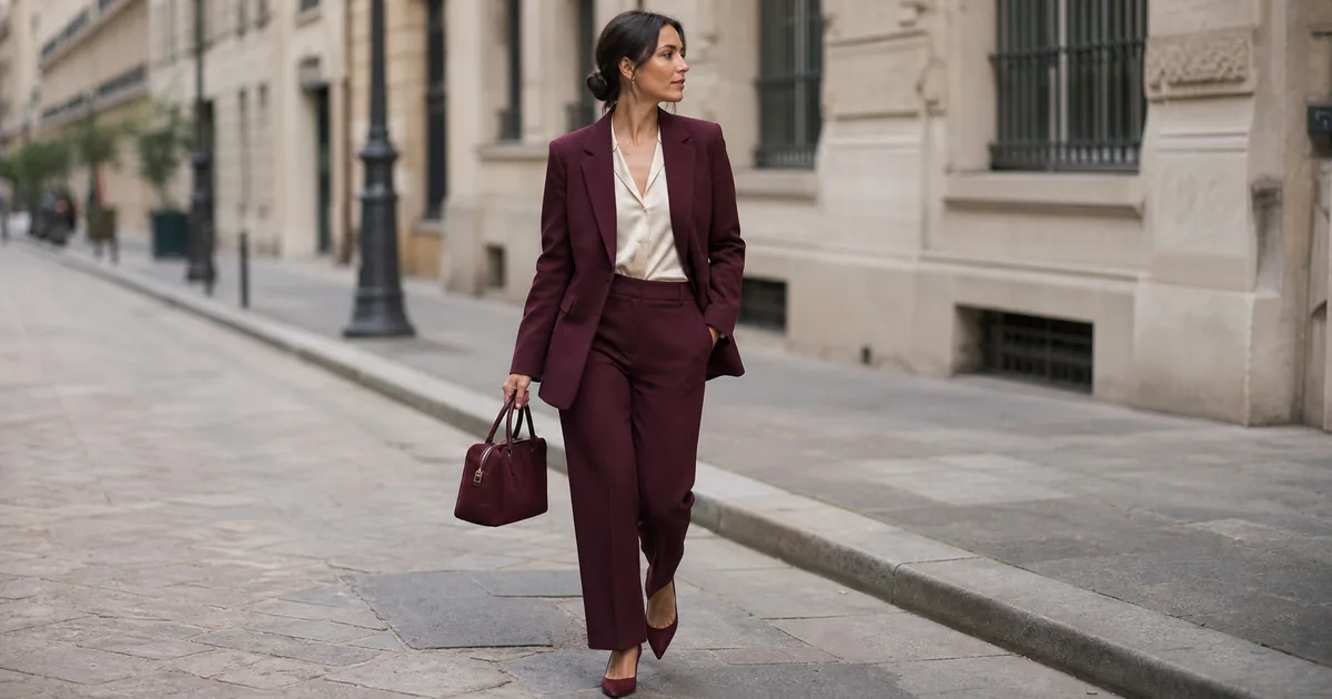 Woman in a burgundy suit with a cream silk blouse walking on a city street