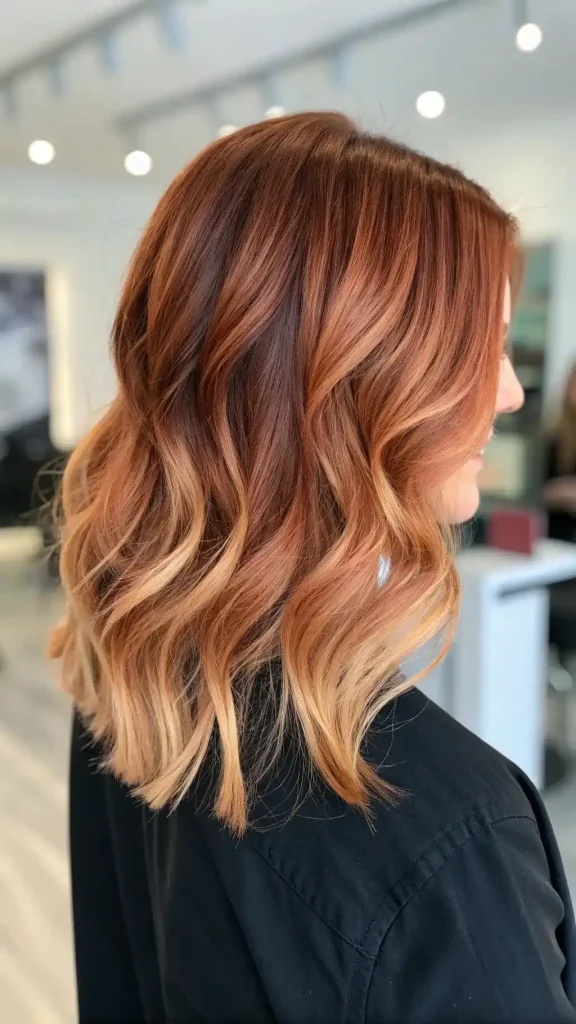 Auburn copper balayage with soft blonde highlights
