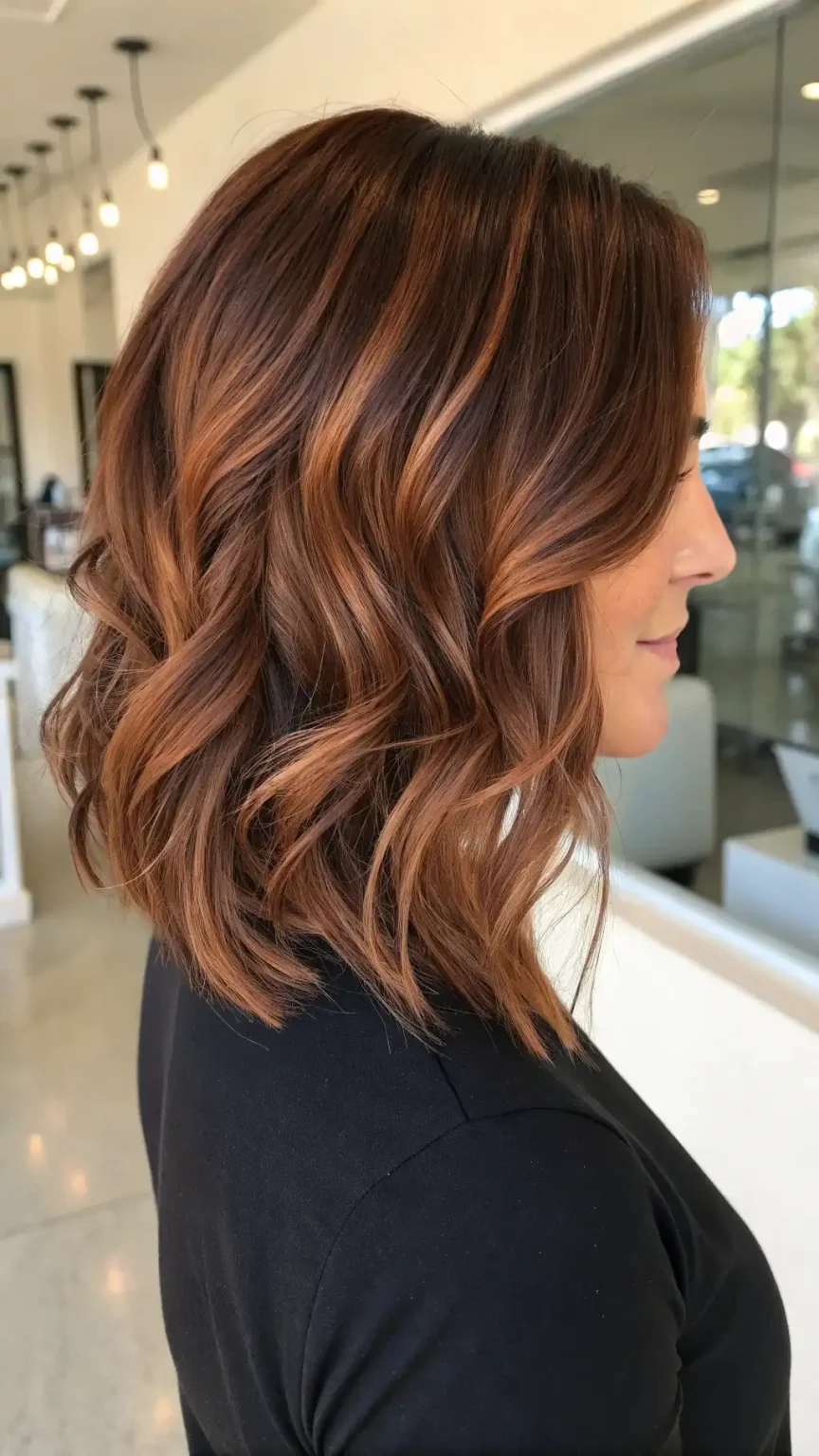 Cowgirl copper hair color on medium length hair