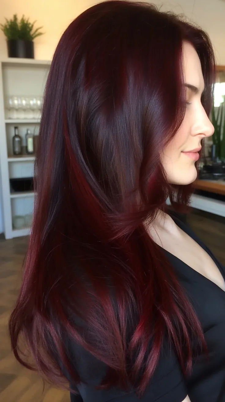 Long glossy waves in deep cherry cola red hair color