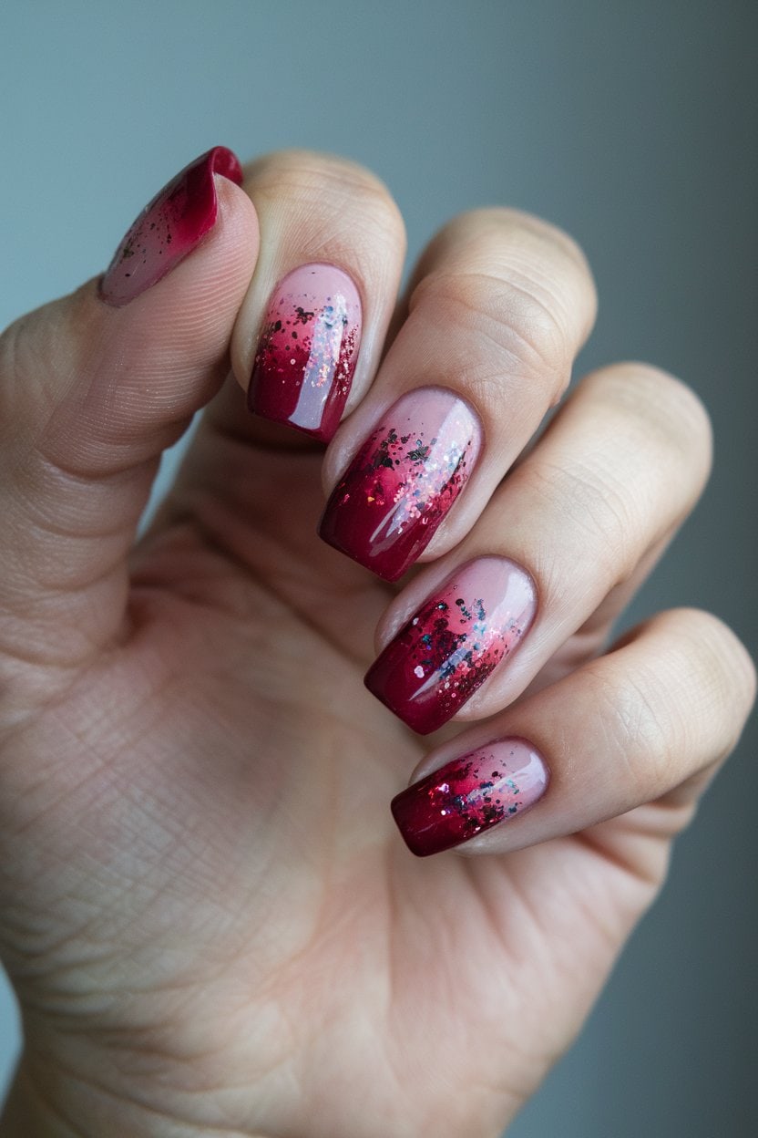 Short nails in cranberry red with a glitter gradient toward the tips