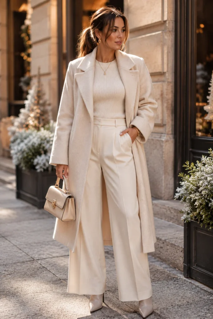 Woman in an all-cream monochrome winter outfit