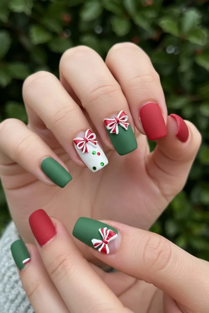 Matte red, green and white nails with red and white striped 3D bow accents