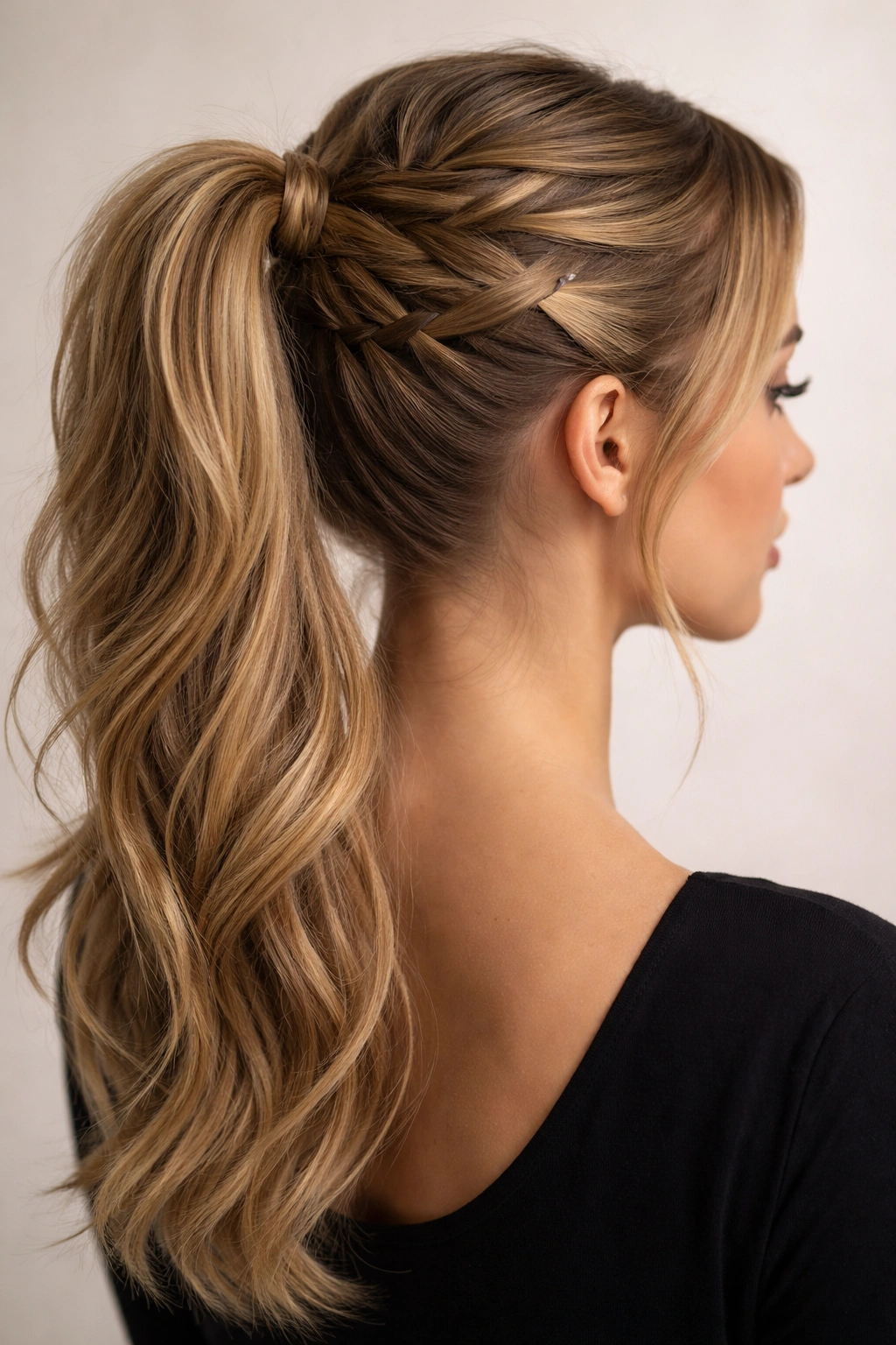 A french braid down the center that releases into a bouncy high ponytail