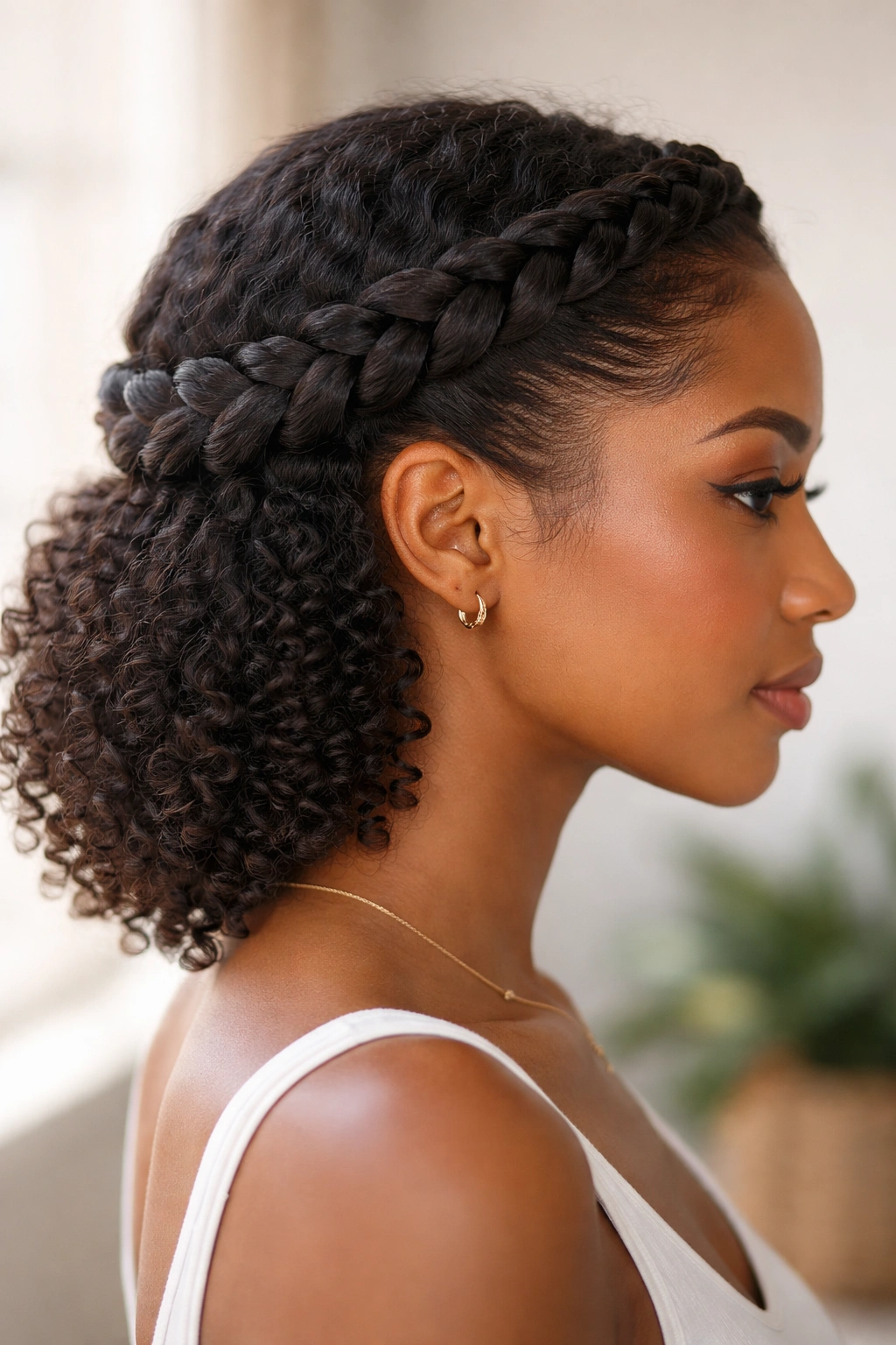 Crown braid worn as a headband with loose curls at the back